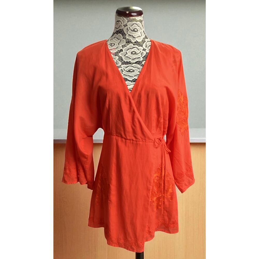 Zara orange embroidered kimono wrap dress size M